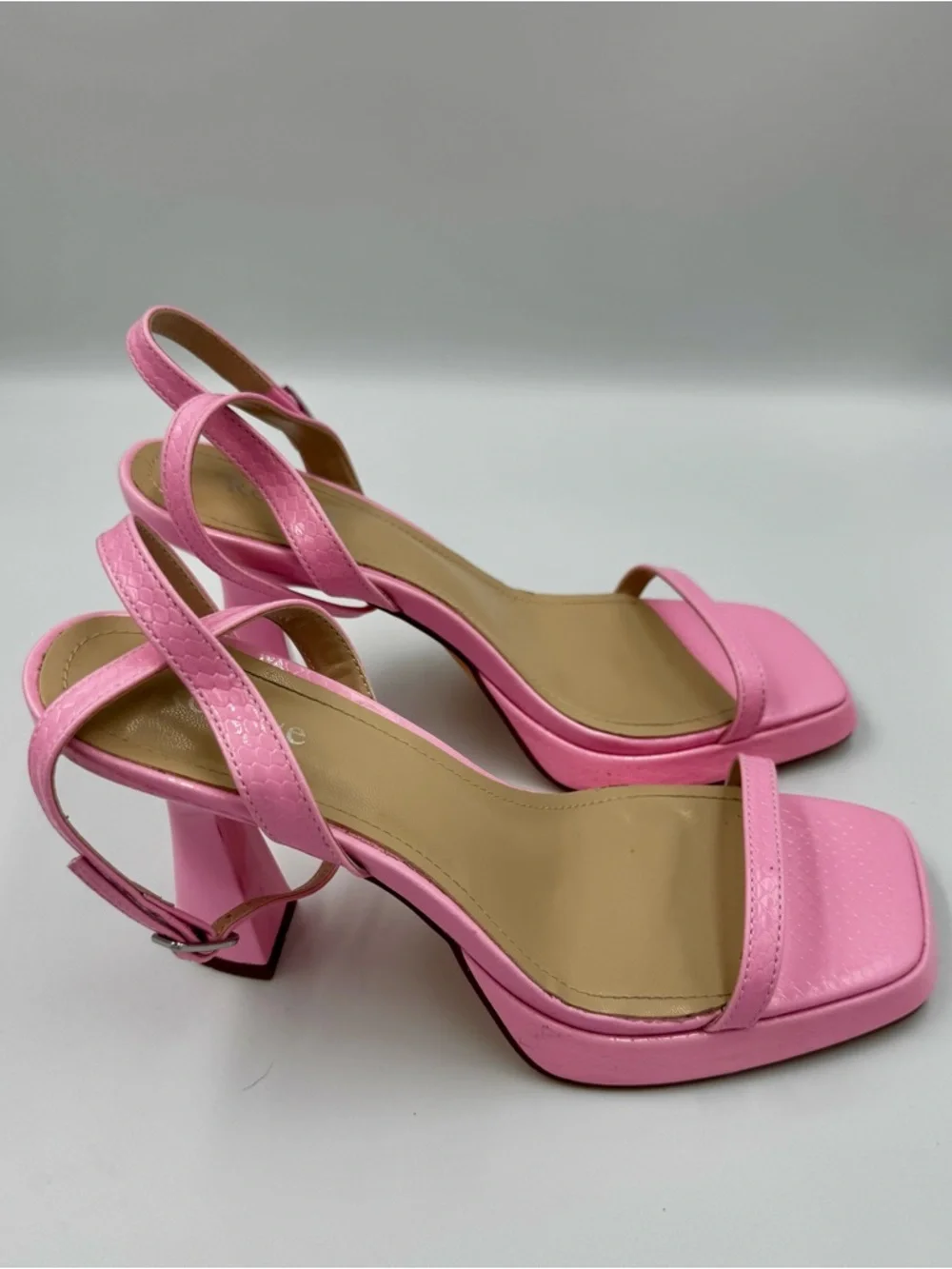 Pink Snakeskin Platform Sandals Square Toe Flare Heel Barbiecore Size 7
